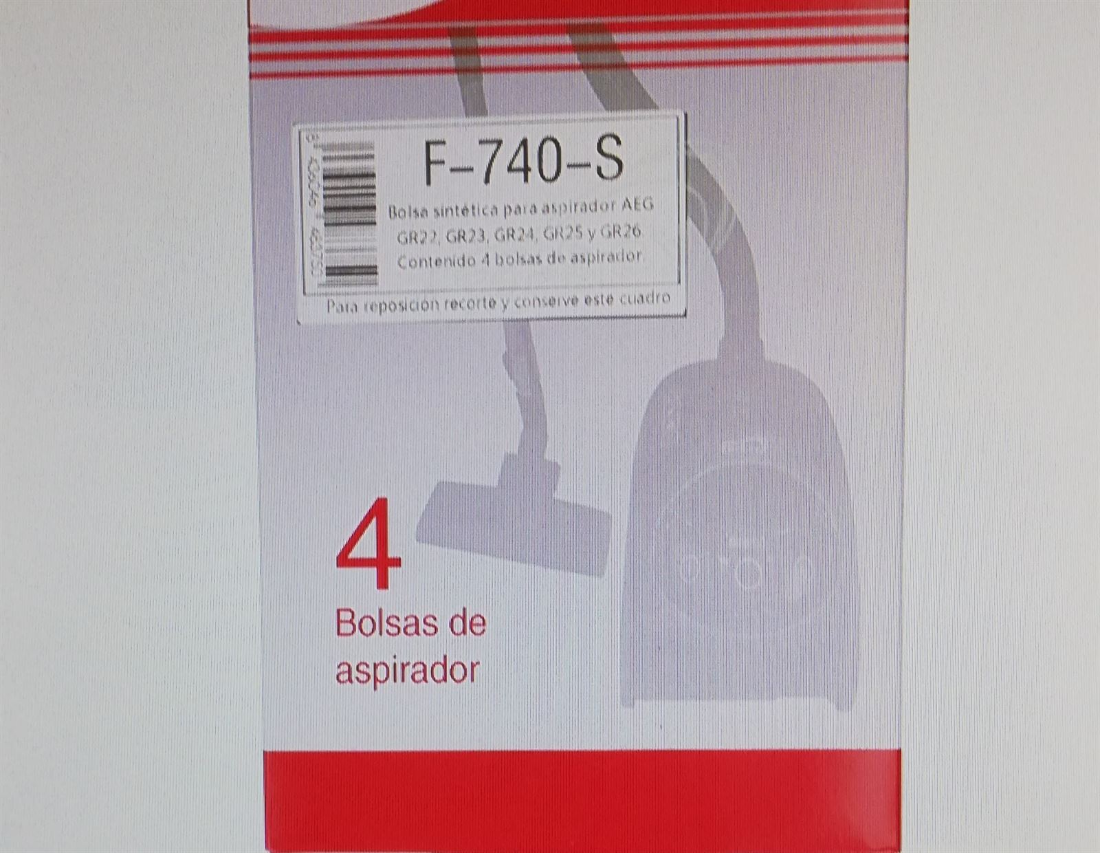 BOLSA PARA ASPIRADOR AEG GR22, GR23, GR24, GR25, CAJA 4 BOLSAS,  F-740-S - Imagen 2