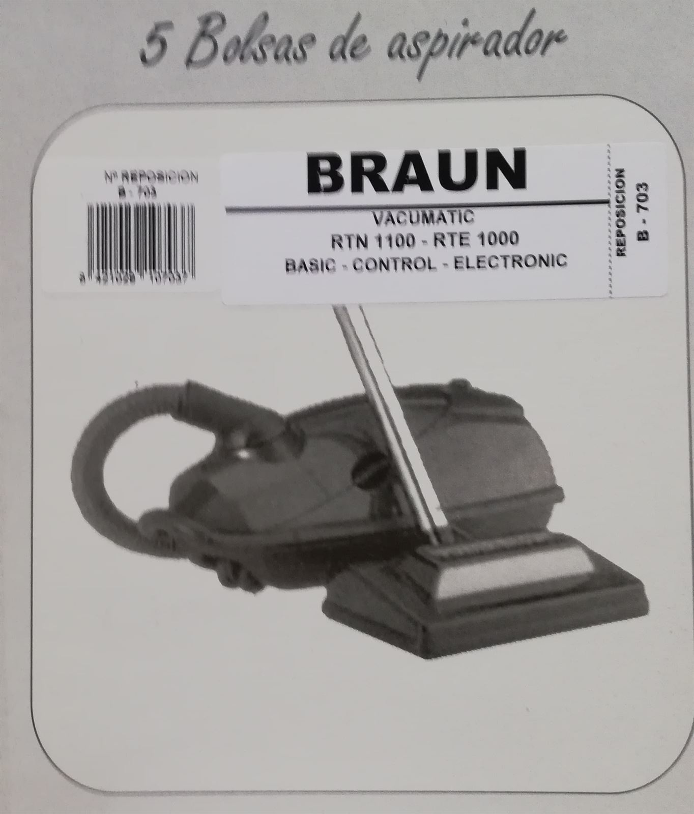 BOLSA PARA ASPIRADOR BRAUN VACUMATIC, PAQUETE 5 BOLSAS, RTE1000, RTN1100,   F-703 - Imagen 2