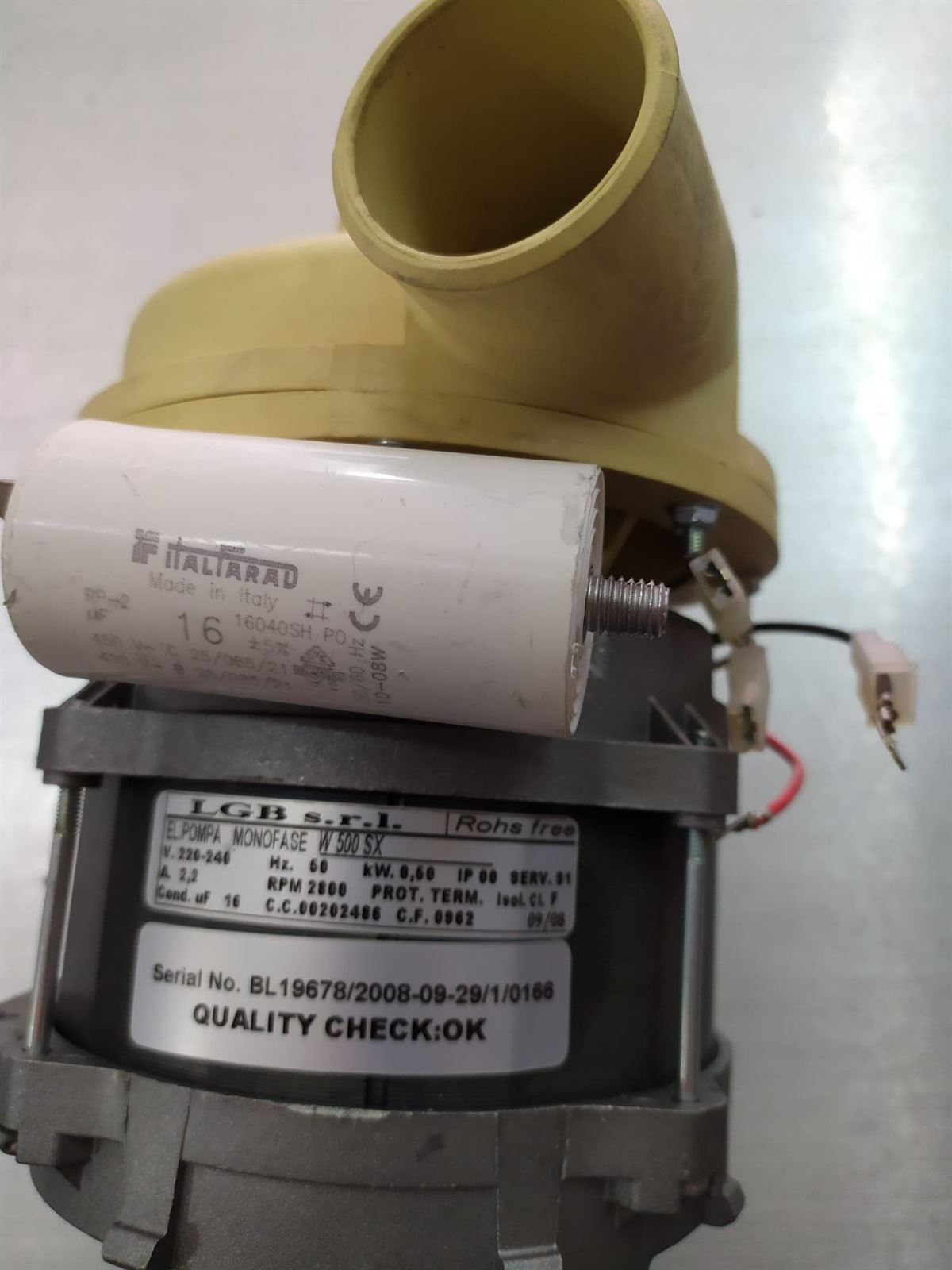 BOMBA LAVADO LAVAVAJILLAS INDUSTRIAL,  0,50 Kw 230V 50Hz,  2800RPM,  ENTRDA 45MM, SALIDA 39MM, CONDENSADOR 16 MICROFARADIOS,  3122353 - Imagen 3