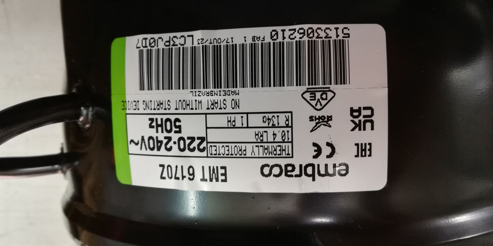 COMPRESOR FRIGORIFICO ALTA PRESION R134, 1/3 CV, 220V, EMBRACO, EMT6170Z - Imagen 1