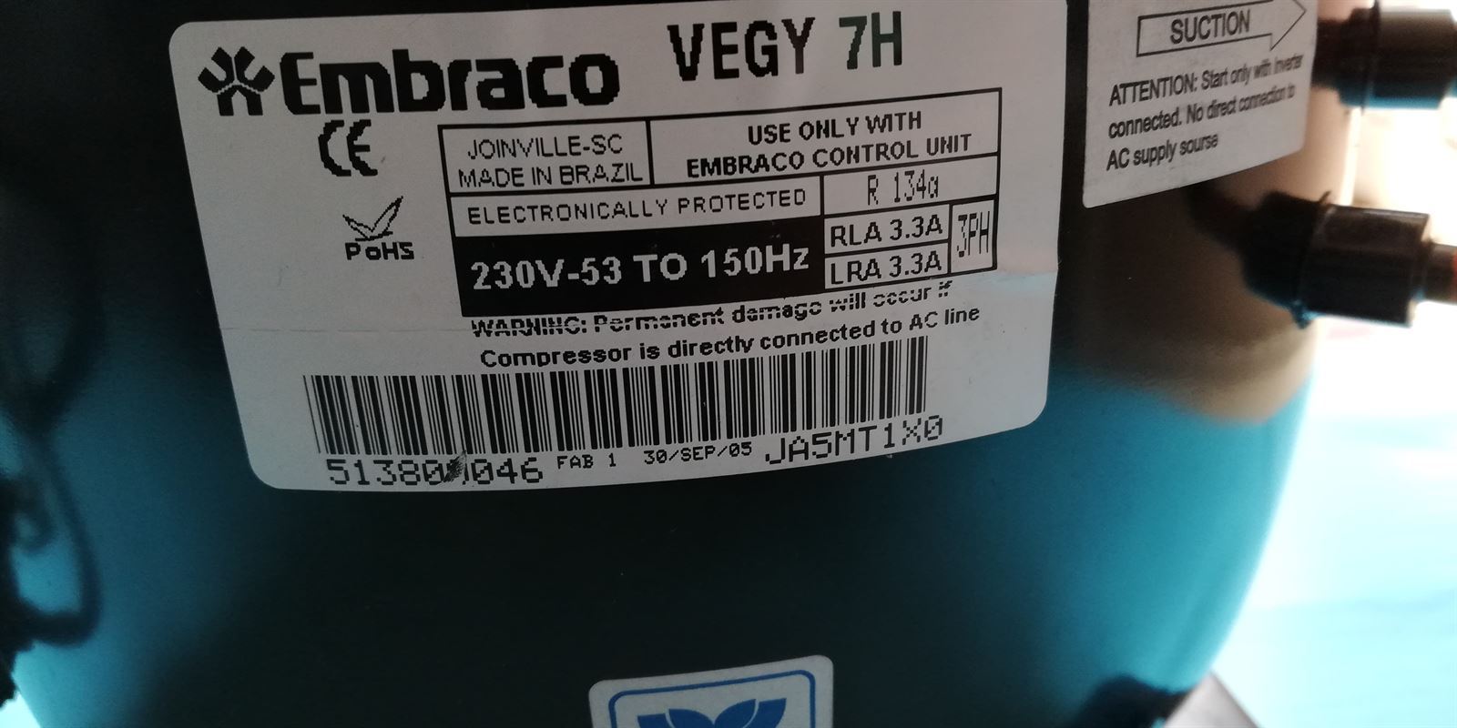 COMPRESOR FRIGORIFICO INVERTER ELECTROLUX, AEG, ZANUSSI, CON ARRANCADOR, R134, 1/3 CV, EMBRACO, 220v, 150Hz, 53039183099 - Imagen 2