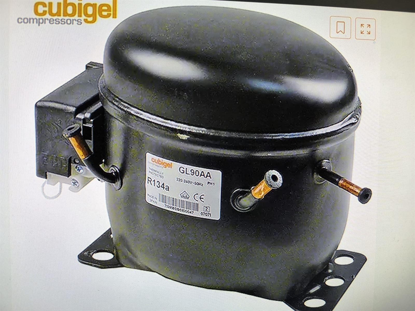 COMPRESOR FRIGORIFICO R134, 1/4 CV, ACC CUBIGEL, BAJA PRESION, 220V,  GL90AA - Imagen 1