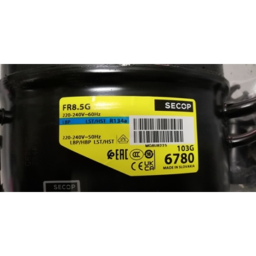 COMPRESOR FRIGORIFICO, SECOP, R134, 1/4 CV, 220V, CON CONDENSADOR, 261 W, cilindro 7,95 cm³, 50 Hz,  FR8.5G - Imagen 2