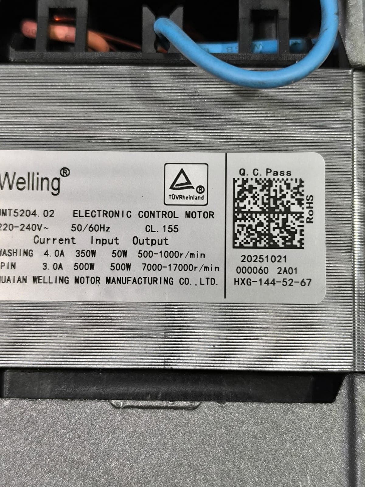 MOTOR LAVADORA QILIVE, MIDEA, MOTOR ESCOBILLAS 9 CABLES, 220V, 350/500W, 500/17000 RPM, WELLING, DIAMETRO POLEA ESTRIADA 24MM, 11002011000103 - Imagen 3