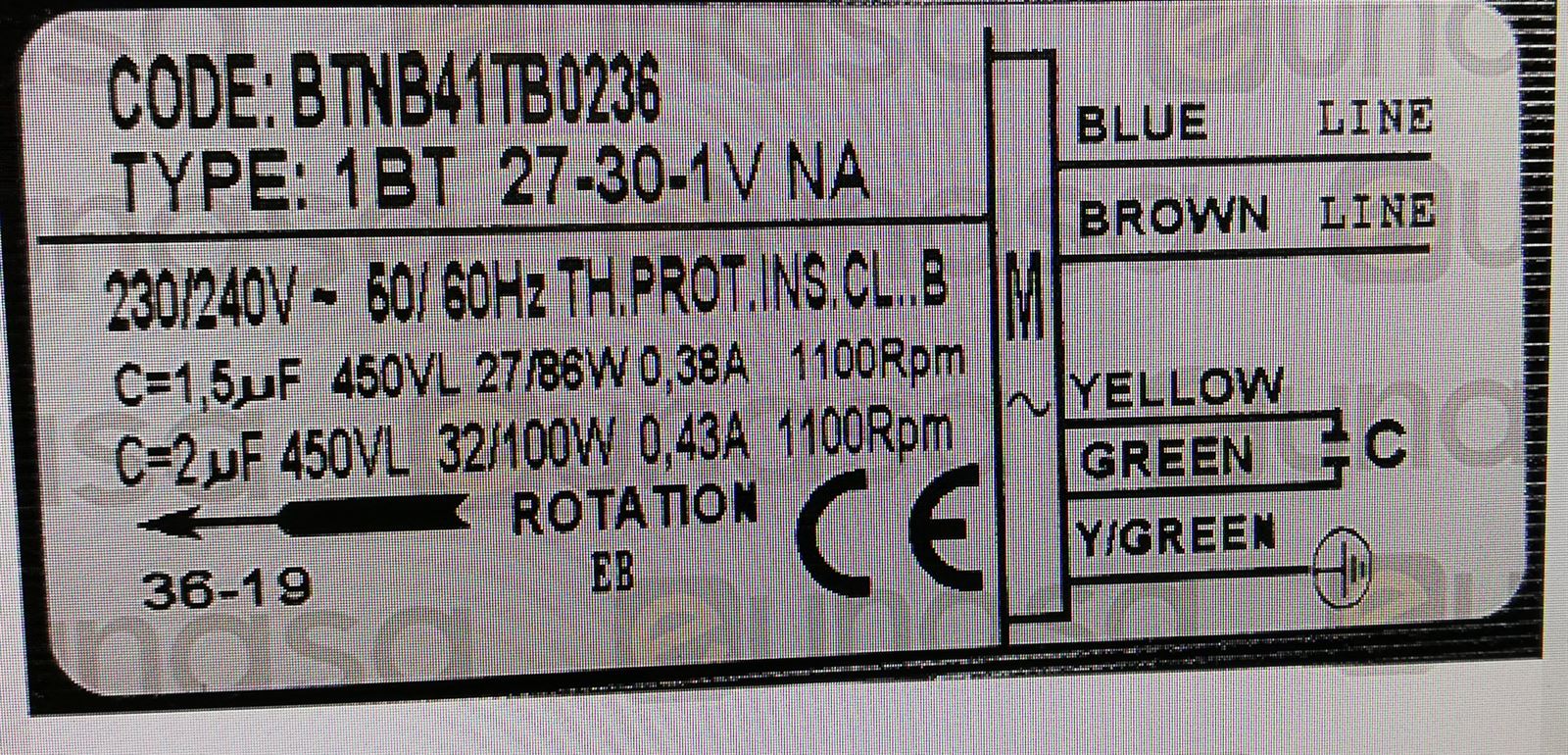 MOTOR VENTILADOR FRIGORIFICO, 220V, 27/86W, 1100 RPM, ROTACION IZQUIERDA, 1,5 MICROFARADIOS, BTNB41TB0236 - Imagen 2