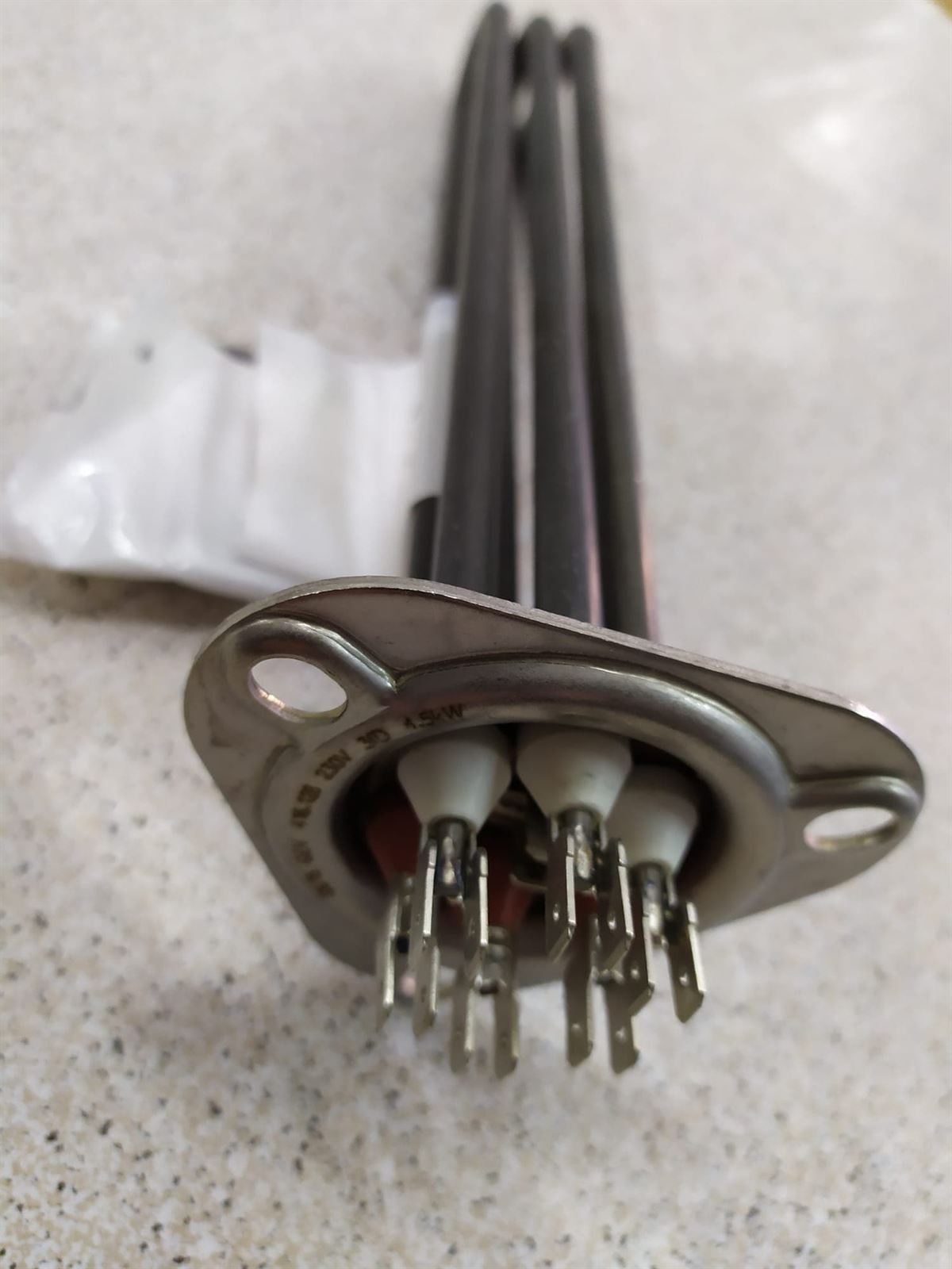 RESISTENCIA LAVAVAJILLAS INDUSTRIAL ZANUSSI,  Ascaso, Bonnet, Electrolux, Zanussi Professional, 4500W, TRIFASICA, 220/380 v, SIN TUBO PARA SONDA, montaje ø 47,5mm espirales 3 LARGO 265mm, An 30mm, H 35mm, tubo ø 8,5mm, JUNTA TORICA 57/47 MM,416128 - Imagen 3