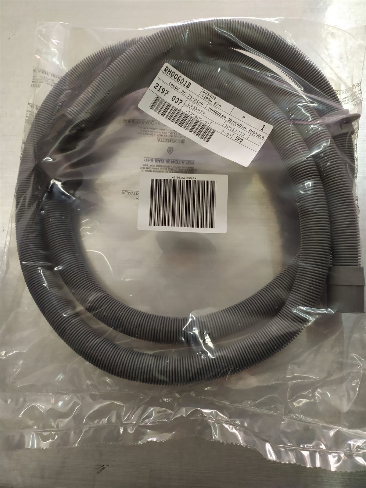 TUBO MANGUERA DESAGUE LAVAVAJILLAS ELECTROLUX, ZANUSSI, AEG, CON CODO, RECAMBIO ORIGINAL,  140003571019 - Imagen 1